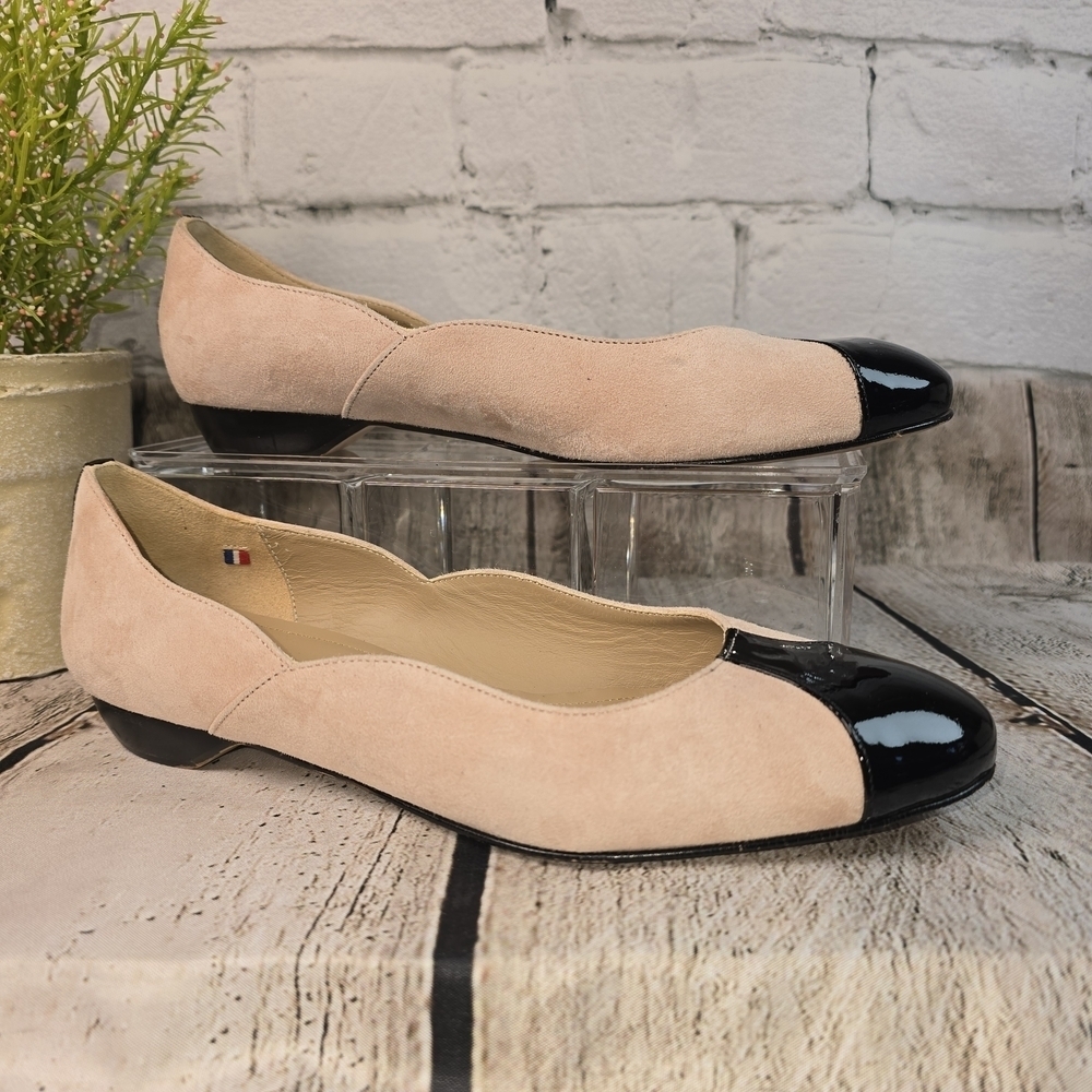 PINK SUEDE LOAFER BLACK PATENT ACCENT BALLET FLATS WOMENS SIZE 36